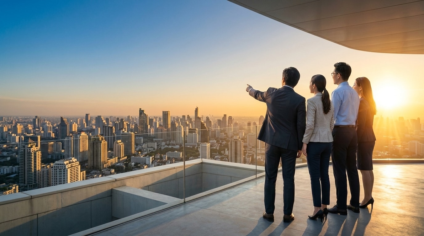 Colleagues looking across a city skyline at sunset